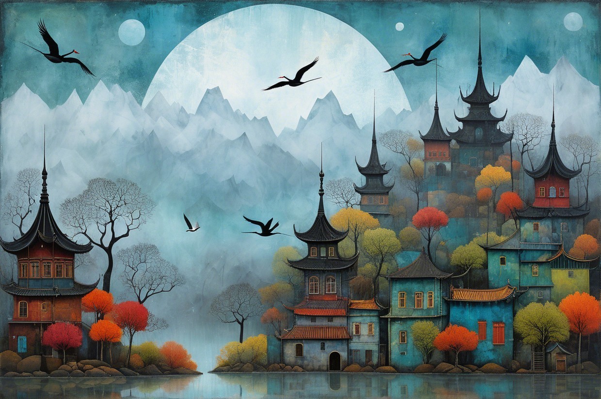 Serene Asian Landscape with Autumn Foliage and Mountains