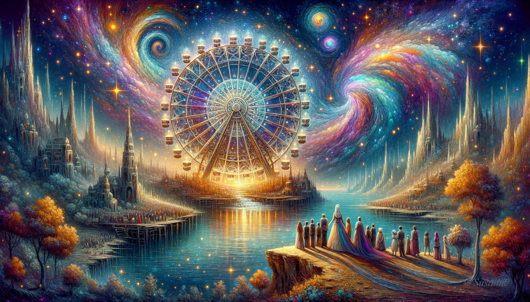 Fantastical landscape with figures and glowing Ferris wheel