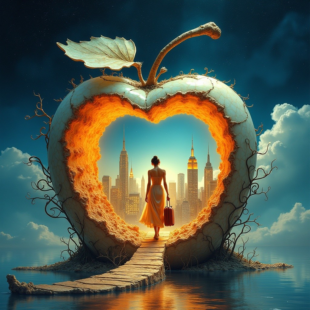 Giant Apple with Heart Opening and City Skyline Scene