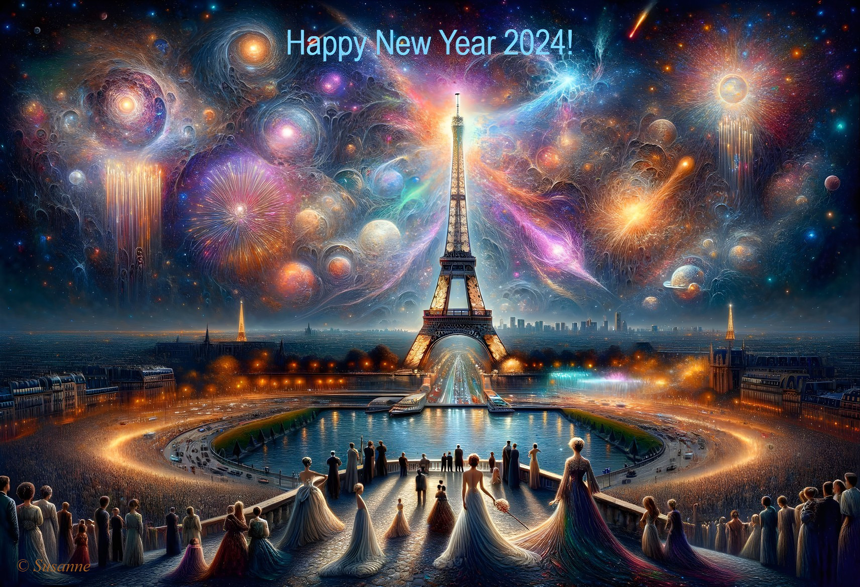 Fantastical New Year Artwork with Eiffel Tower Celebration