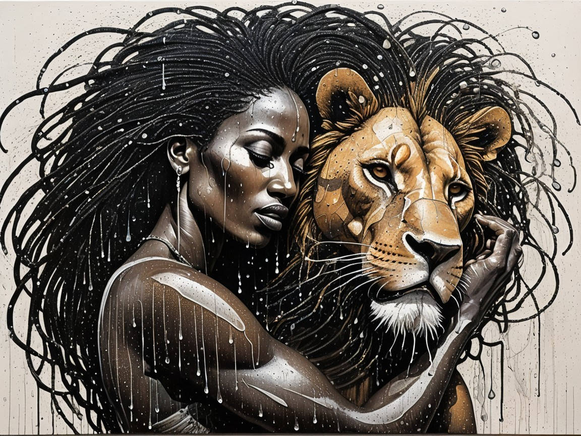Woman with Textured Hair Embracing a Lion