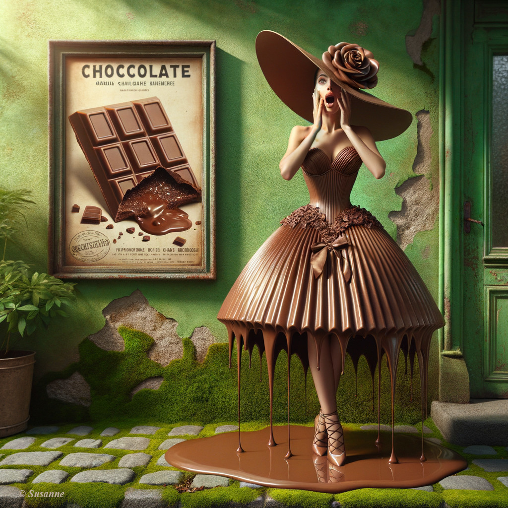 Chocolate-Themed Fashion Model in Whimsical Setting