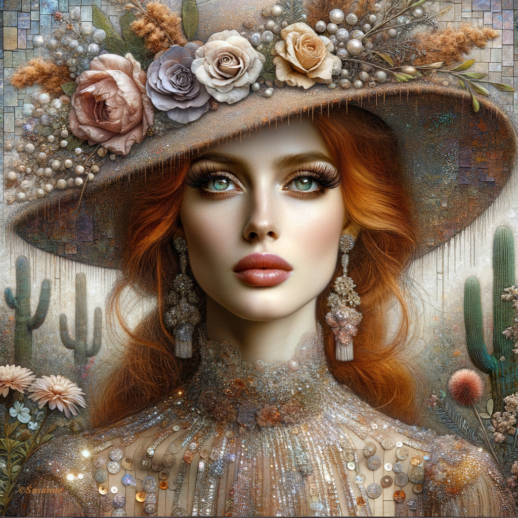 Woman with Red Hair and Green Eyes in Decorated Hat and Jeweled Outfit