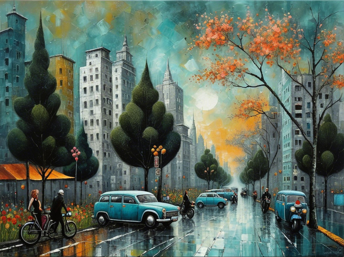 Vibrant cityscape with autumn foliage and reflections