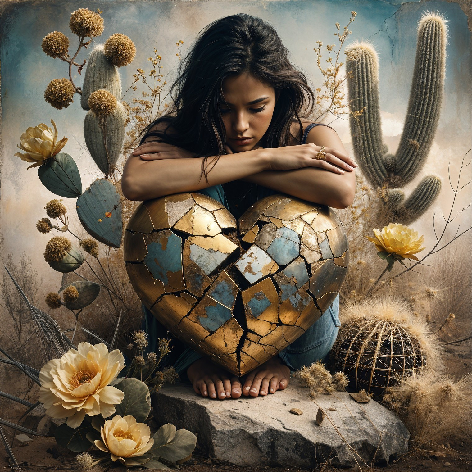 Surreal Desert Scene with Woman and Golden Heart