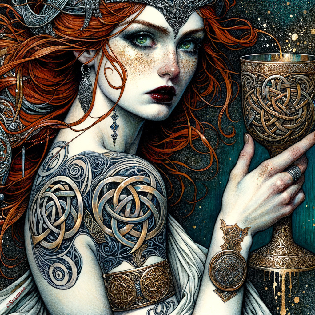 Red-haired woman with Celtic tattoos and chalice