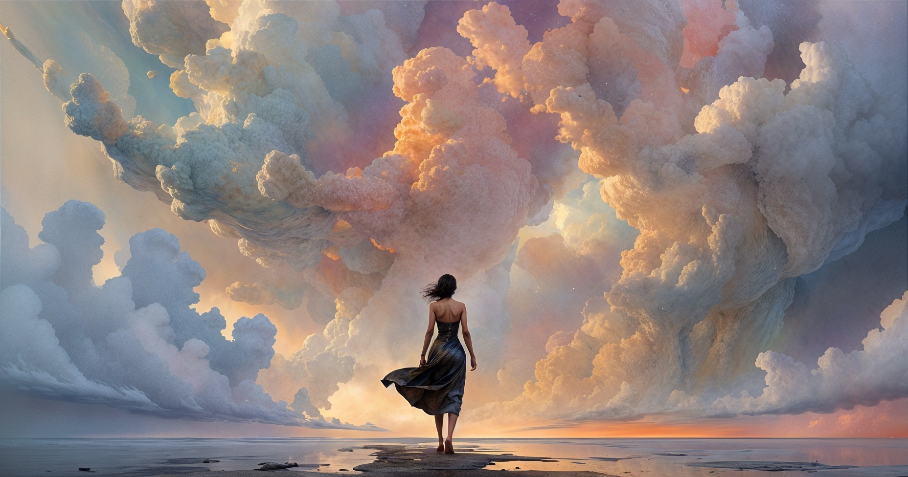 Tranquil Shoreline with Surreal Colorful Clouds