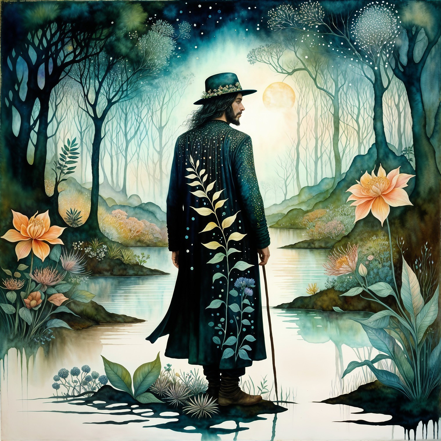 Mystical Scene of Figure by Reflective Water at Night