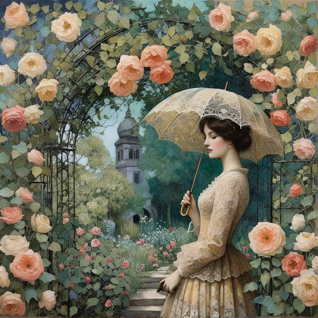 Vintage Lace Dress in a Serene Floral Garden