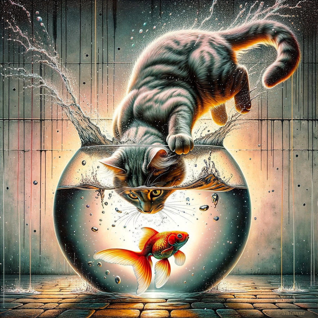 Tabby cat tipping fishbowl, spilling water and goldfish