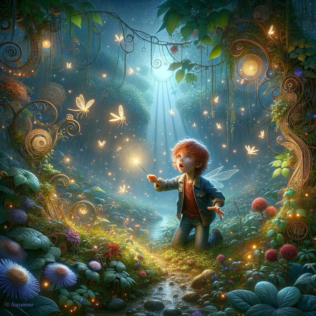 Child in magical forest surrounded by glowing butterflies and whimsical plants