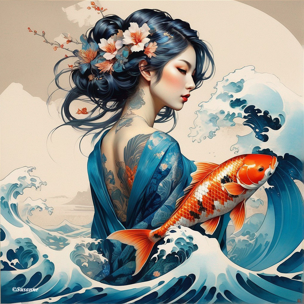 Illustrated woman with floral hair ornaments and tattoos holding a koi fish in stylized waves