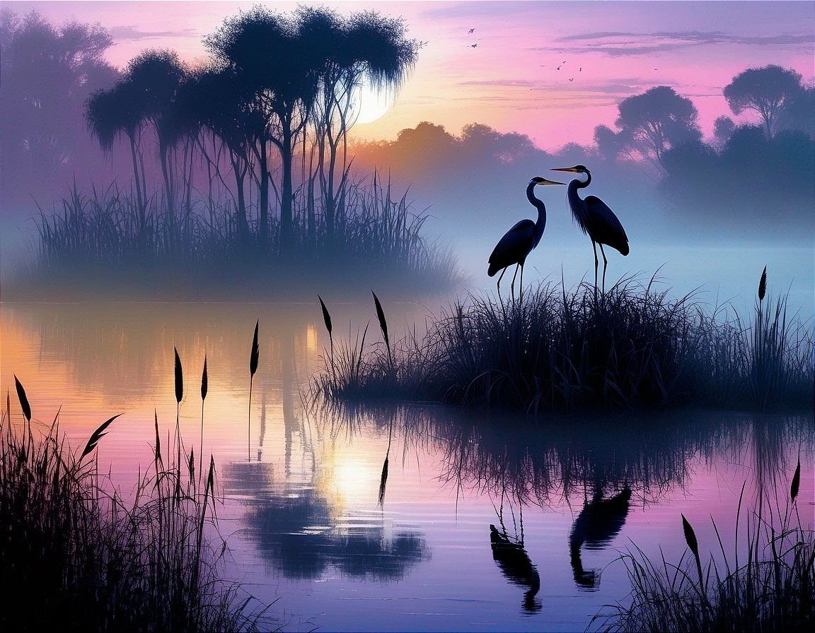 Serene Landscape with Herons at Sunset Reflection
