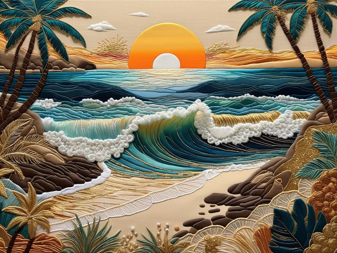 Vibrant embroidered landscape with sunset and beach scene