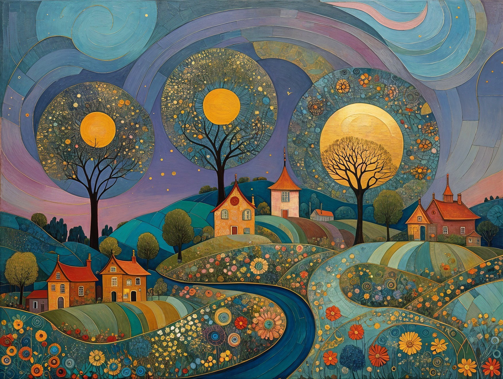 Whimsical Landscape with Vibrant Flowers and Houses