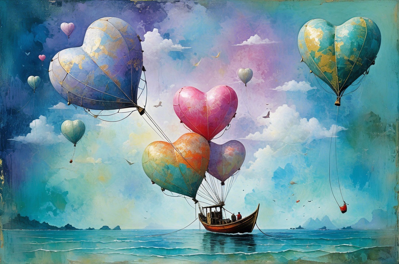 Wooden Boat with Heart-Shaped Balloons on Serene Water