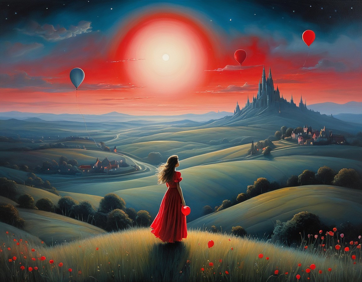 Serene Dusk Landscape with Woman and Balloons
