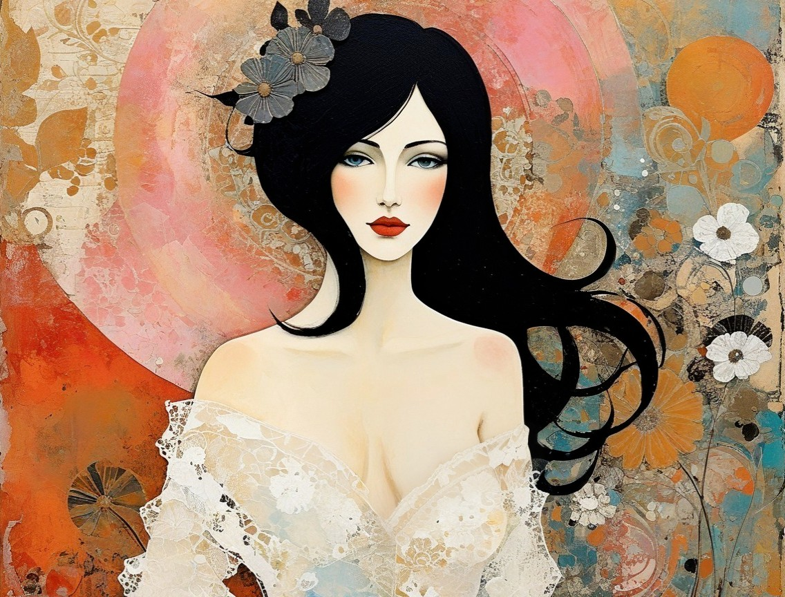 Serene Woman with Floral Accessory and Lace Top
