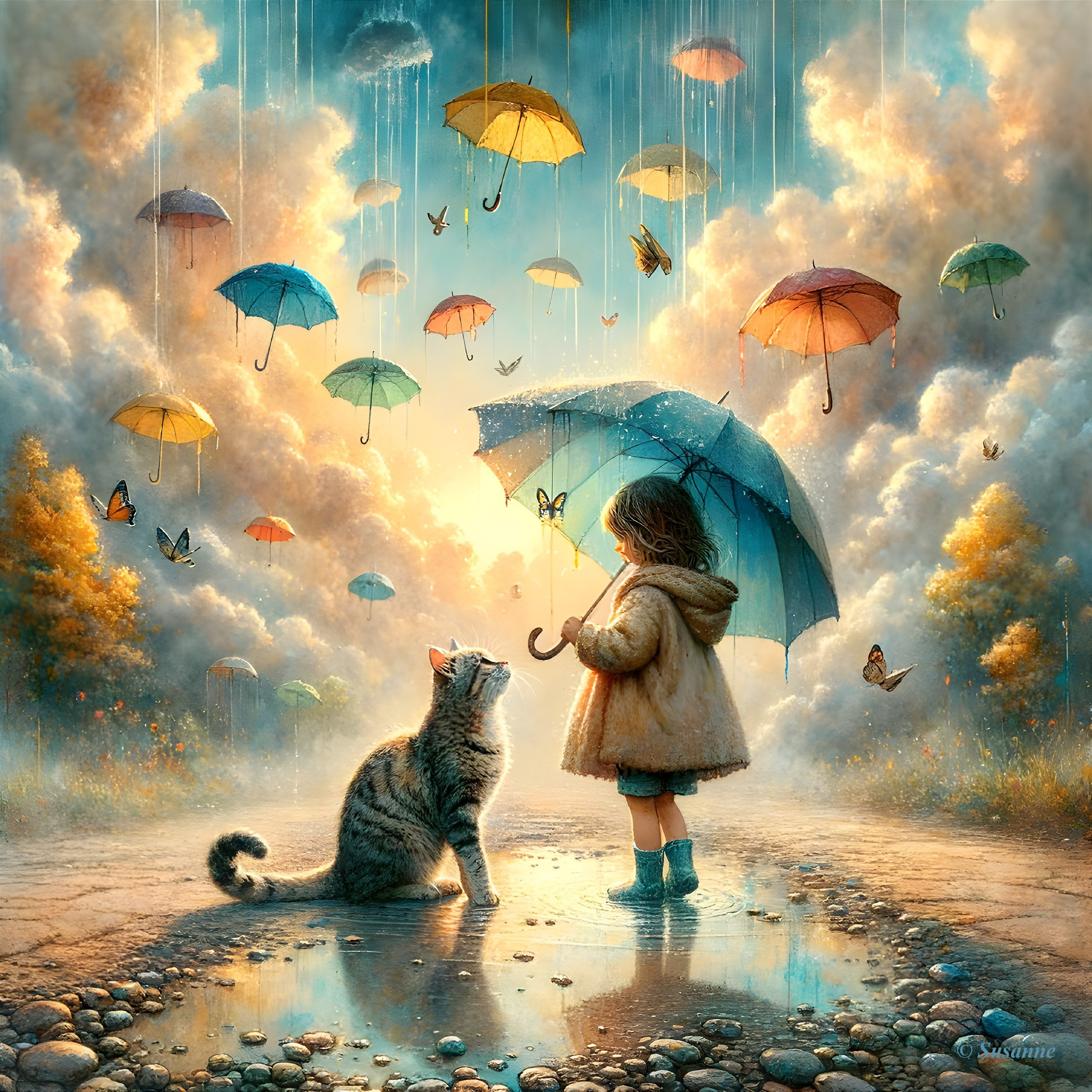 Child in coat with blue umbrella and cat in dreamy landscape with floating umbrellas and butterflies under golden