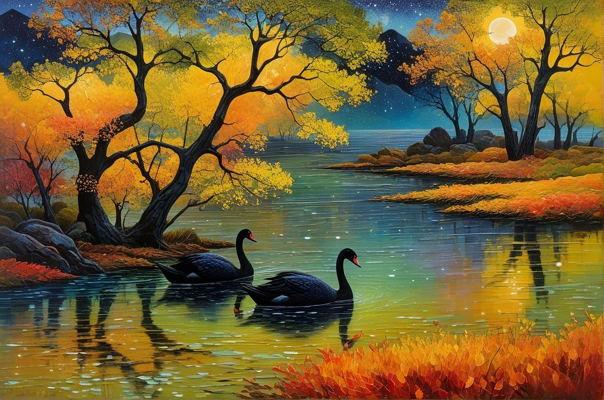Tranquil River Scene with Autumn Foliage and Swans