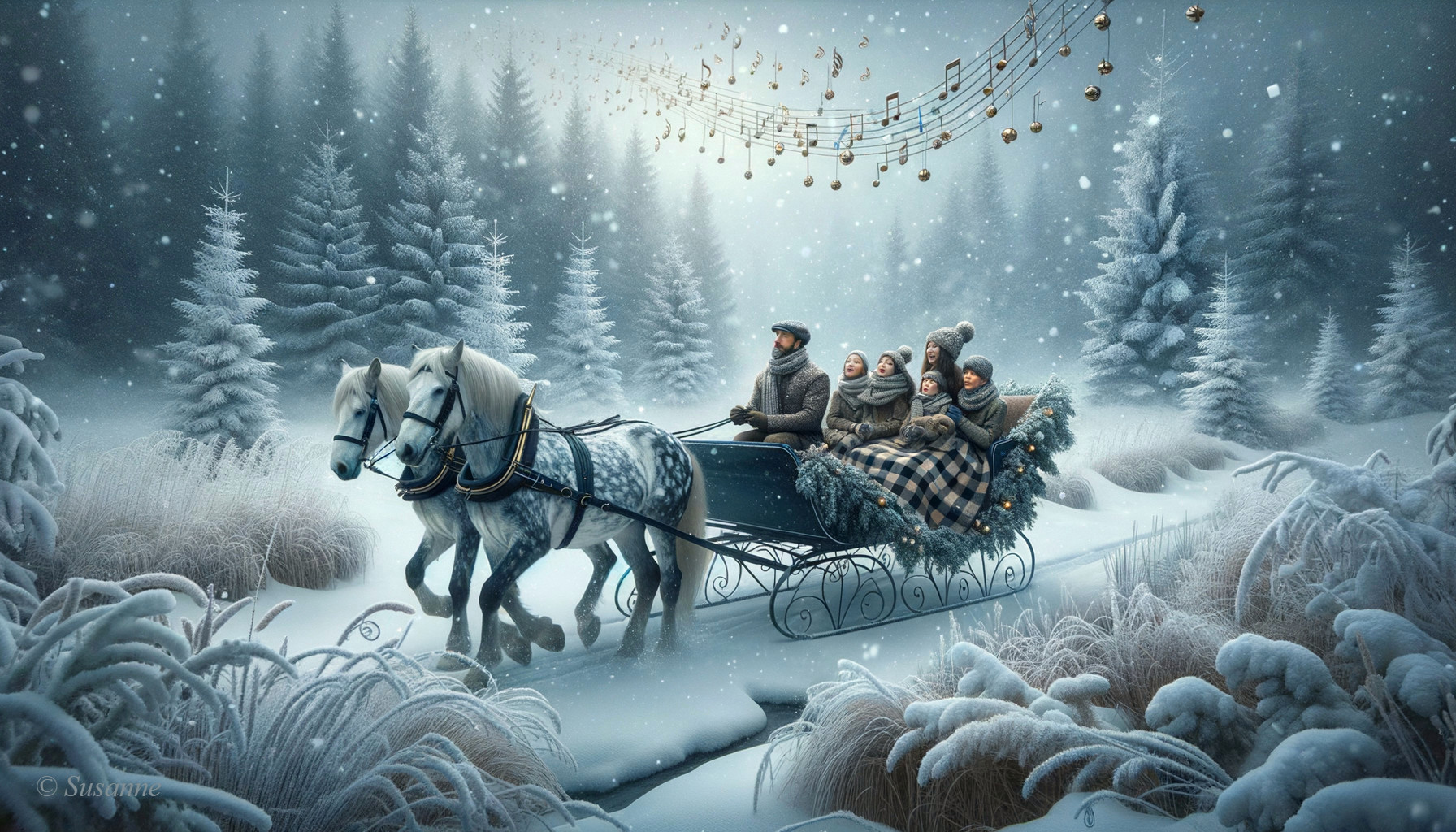 Family Enjoying Magical Winter Sleigh Ride Through Snowy Forest
