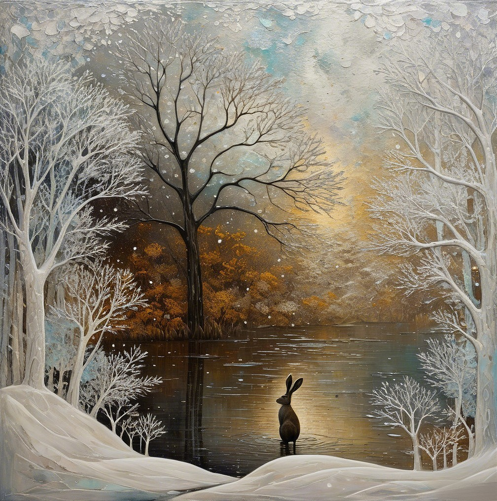Textured Winter Landscape with Dark Hare and Trees