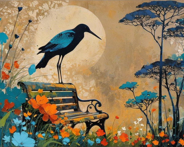 Black Bird on Vintage Bench Surrounded by Flowers