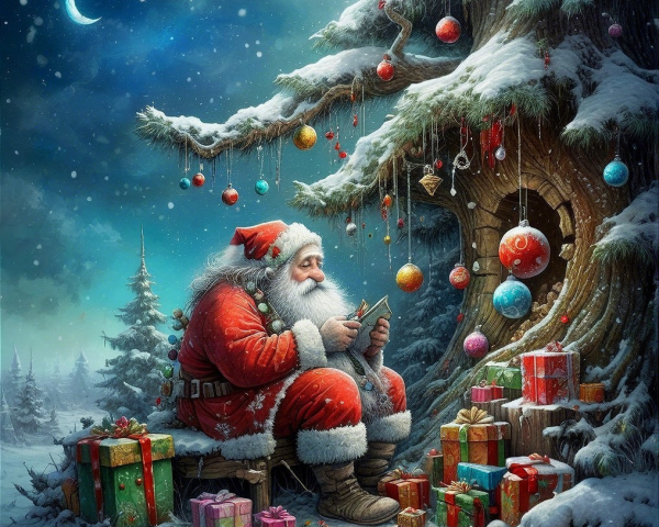 Santa Claus by a Decorated Christmas Tree in Snow