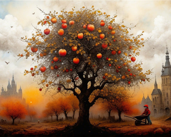 Surreal Landscape with Apple Tree and Medieval Castles