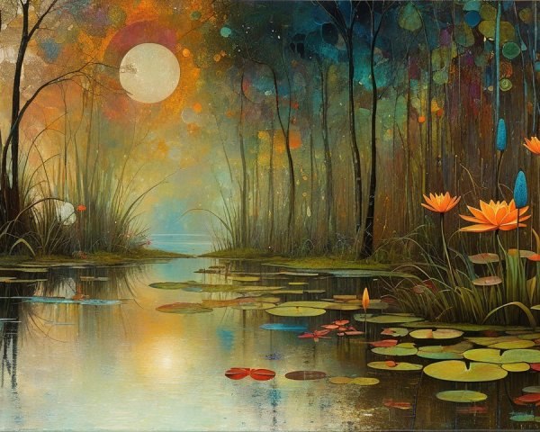 Tranquil Dusk Landscape with Pond and Water Lilies