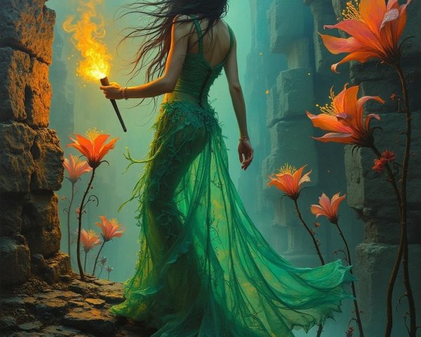 Mysterious Woman in Green Gown Among Ancient Ruins
