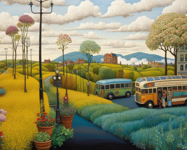 Charming Buses in a Vibrant Countryside Landscape