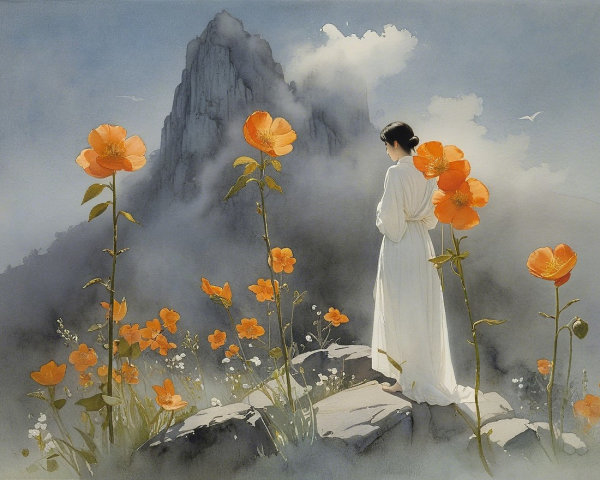 Serene landscape with woman in white dress and flowers