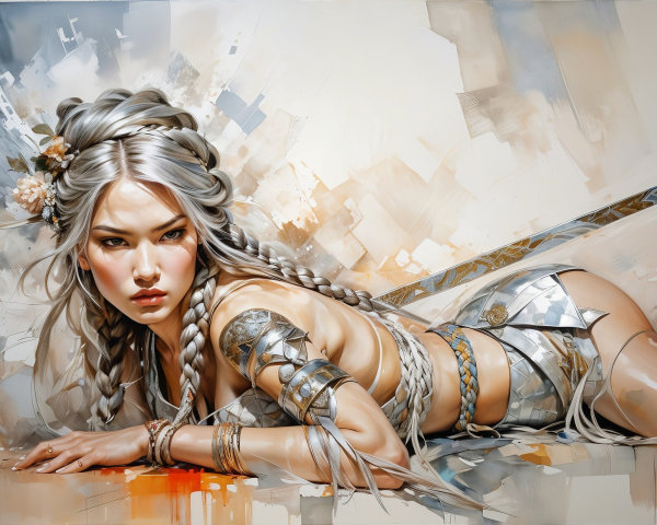 Stylized Warrior Woman in Silver Armor with Floral Accents