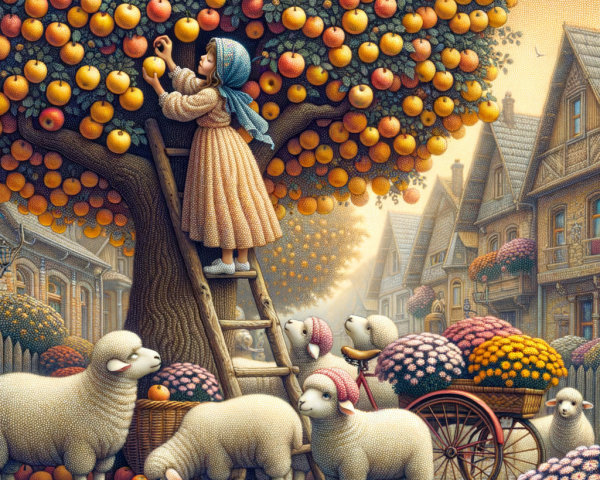 Young girl picks apples from tree with grazing sheep