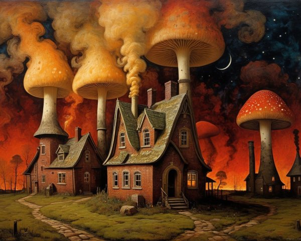 Surreal Landscape with Colorful Mushroom Chimneys