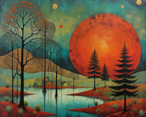 Abstract Landscape with Stylized Trees and Sun