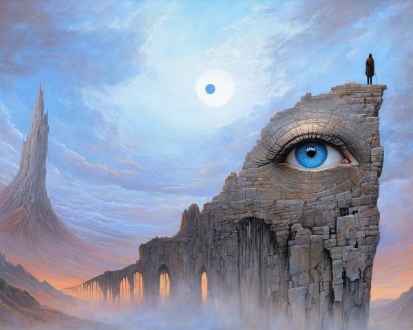 Surreal Landscape with Giant Eye Rock Formation