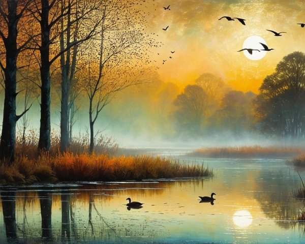 Serene Dusk Landscape with Silhouetted Trees and River