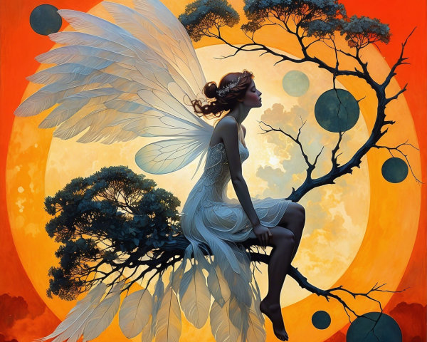 Fairy on Tree Branch Under Full Moon with Gradient Sky
