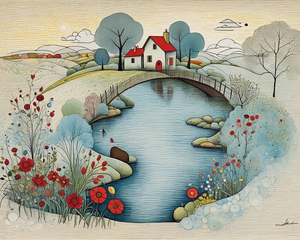 Serene Landscape with House, River, and Bridge