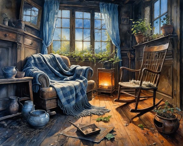 Cozy Rustic Room with Warm Lighting and Plants