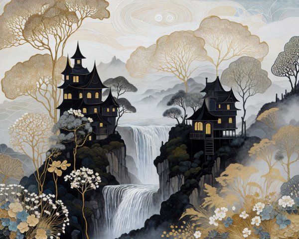 Serene Landscape with Pagodas and Waterfall