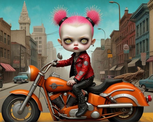 Whimsical Character on Orange Motorcycle in Vintage City