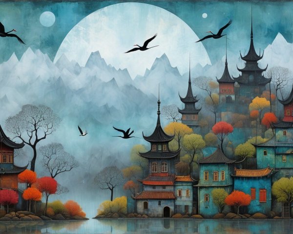 Serene Asian Landscape with Autumn Foliage and Mountains