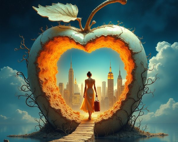 Giant Apple with Heart Opening and City Skyline Scene