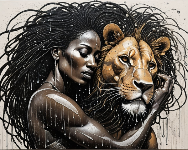 Woman with Textured Hair Embracing a Lion