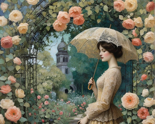 Vintage Lace Dress in a Serene Floral Garden