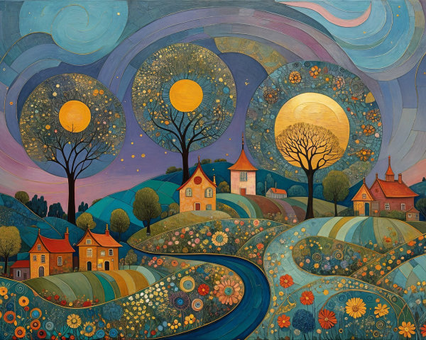 Whimsical Landscape with Vibrant Flowers and Houses