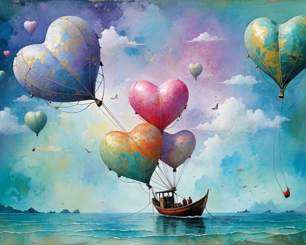 Wooden Boat with Heart-Shaped Balloons on Serene Water